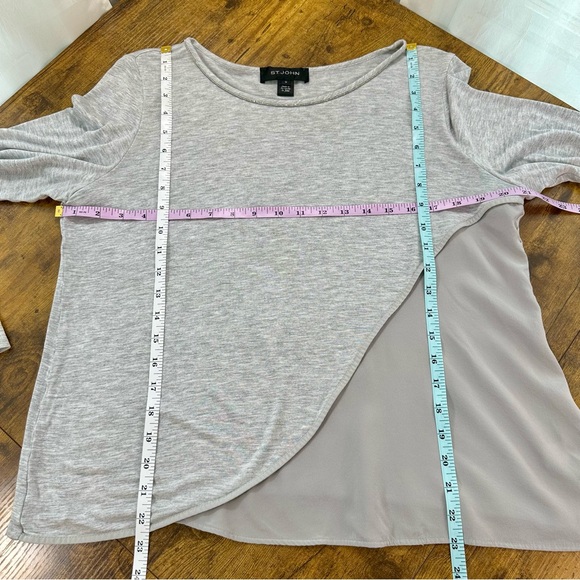 St. John Heather Gray Viscose and Silk Asymmetrical Top, Beaded Scoop Neck - Picture 10 of 14